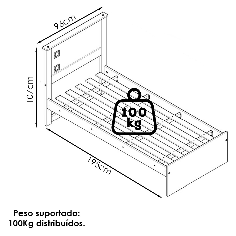 Cama Solteiro Barcelona Branco Branco Preto Tebar