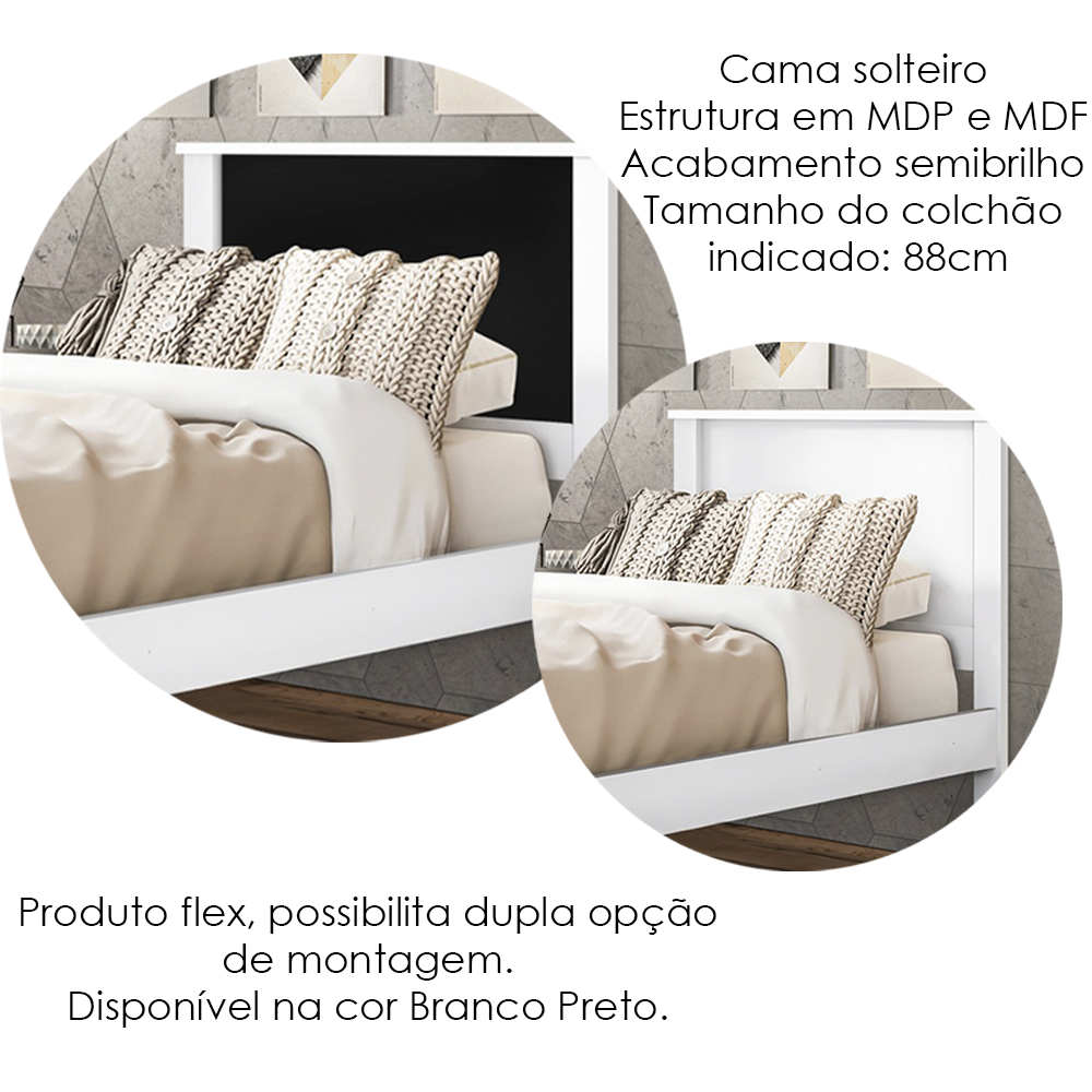 Cama Solteiro Barcelona Branco Branco Preto Tebar
