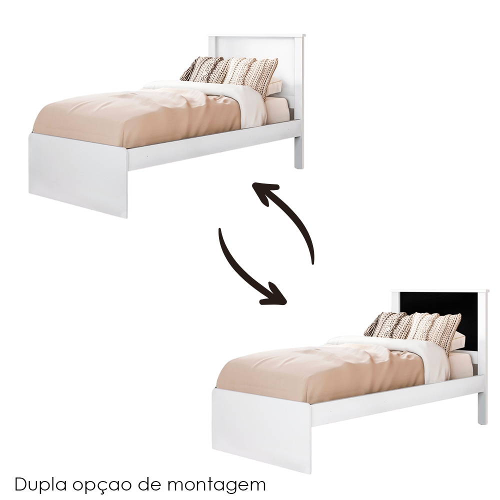 Cama Solteiro Barcelona Branco Branco Preto Tebar