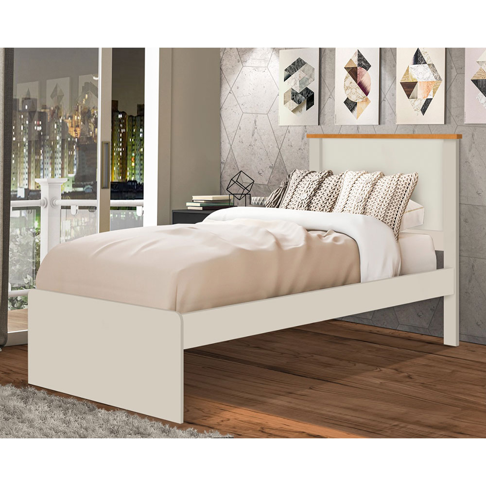 Cama Solteiro Barcelona Off White e Madeira