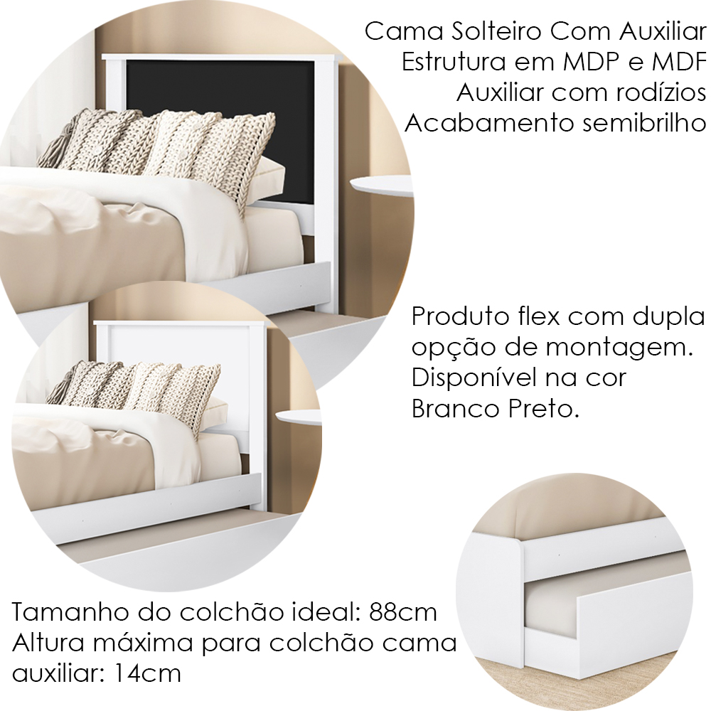Cama Solteiro Com Auxiliar Barcelona Branco Branco Preto Tebar