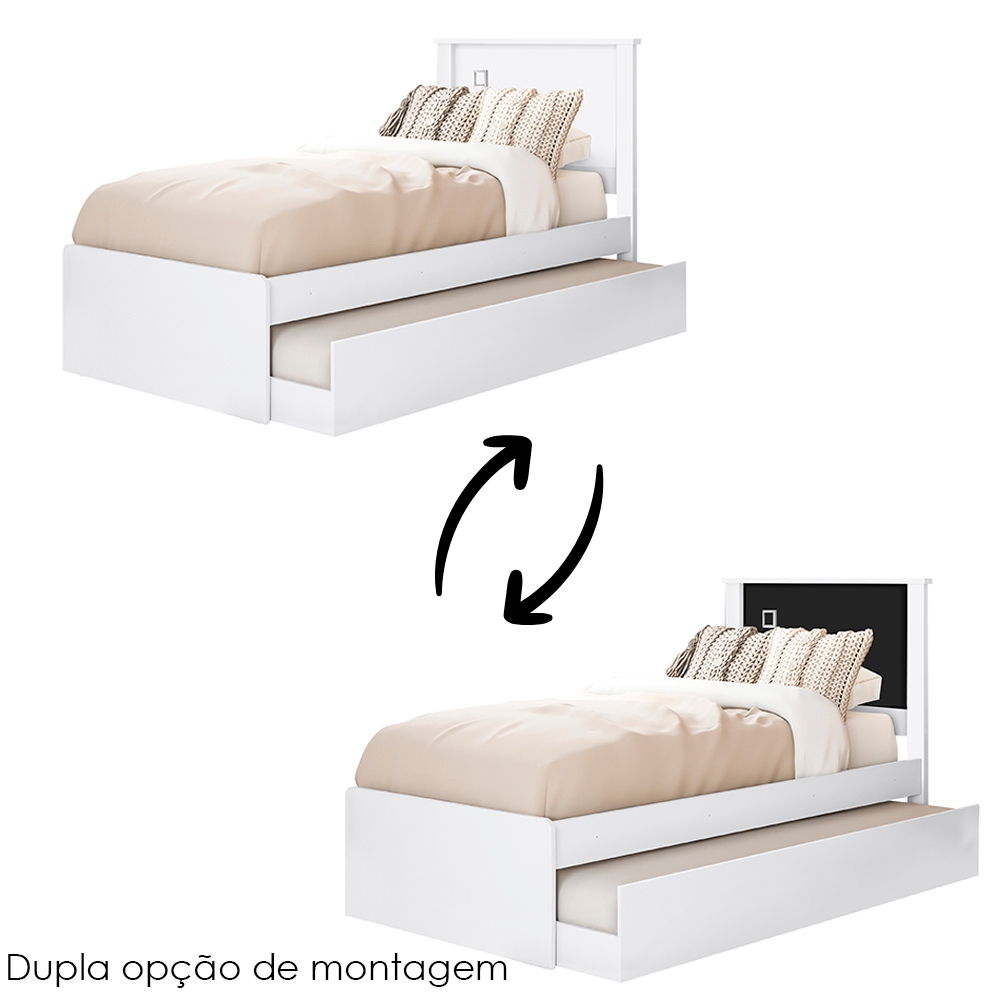Cama Solteiro Com Auxiliar Barcelona Branco Branco Preto Tebar
