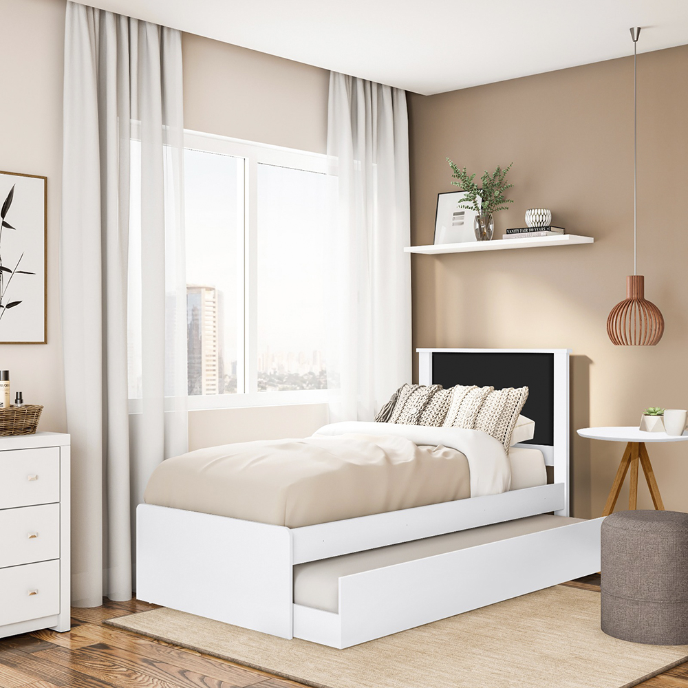 Cama Solteiro Com Auxiliar Barcelona Branco Branco Preto Tebar
