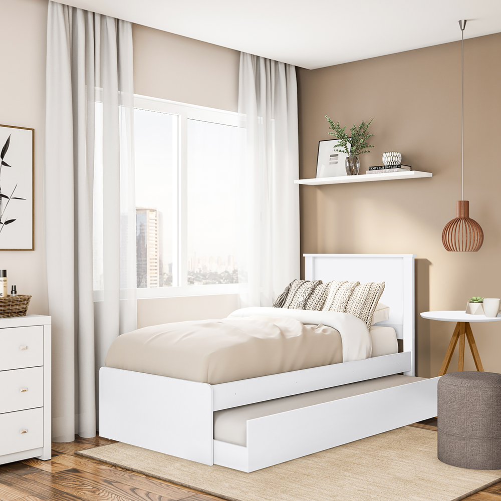 Cama Solteiro Com Auxiliar Barcelona Branco Branco Preto Tebar