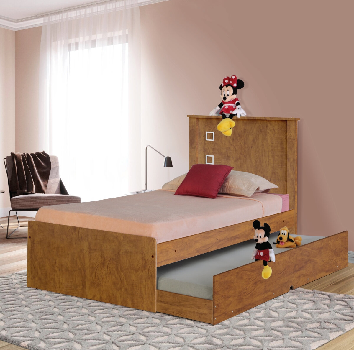 Cama Solteiro Viana Mel com Auxiliar e Colchões