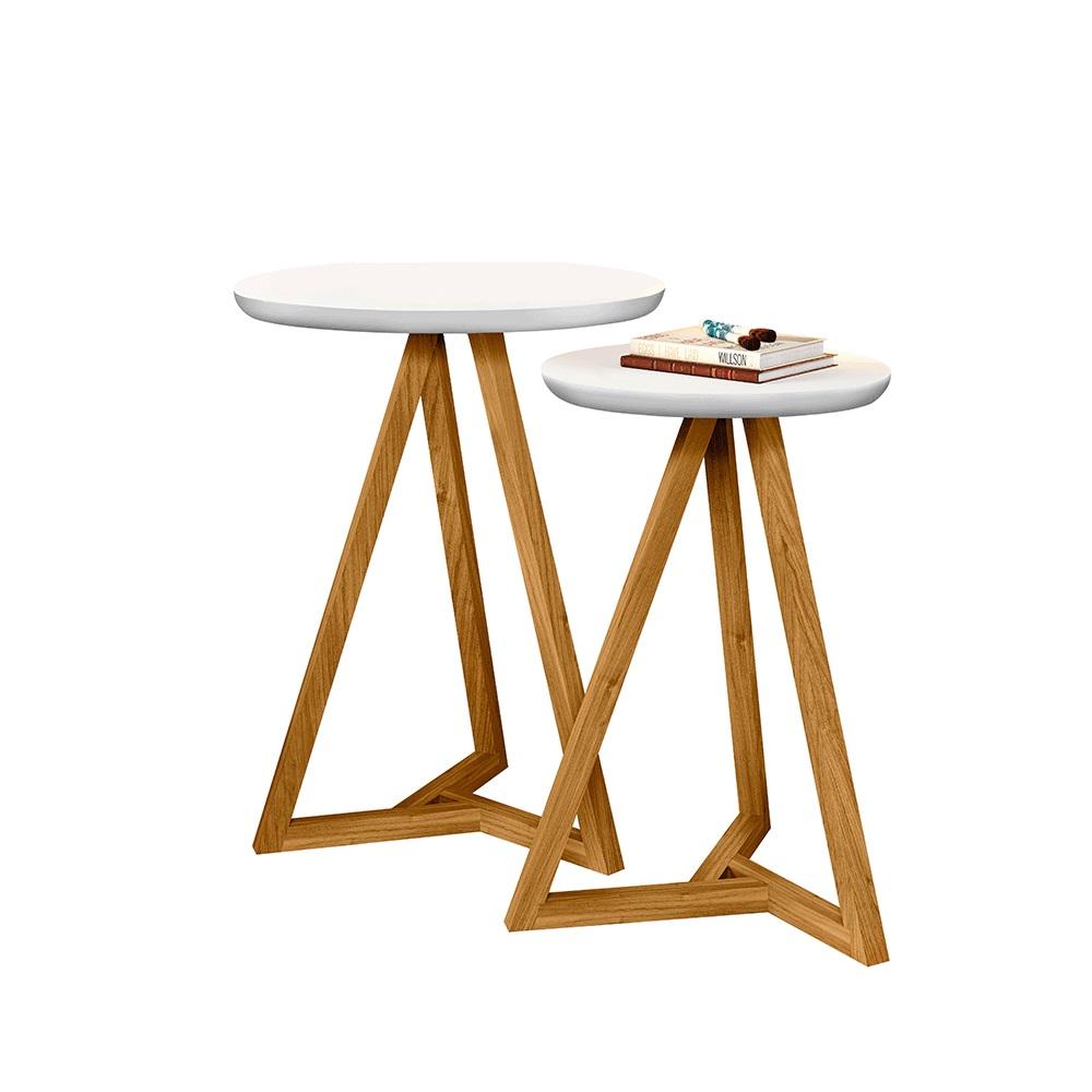Conjunto 2 Mesas Laterais Sala Classic Pés em Madeira Maciça Branco/Amendoa