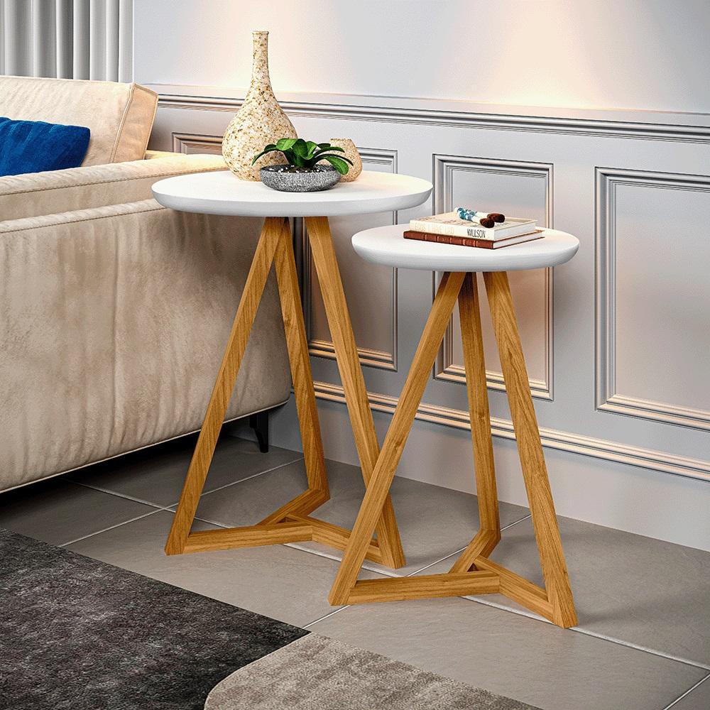 Conjunto 2 Mesas Laterais Sala Classic Pés em Madeira Maciça Branco/Amendoa
