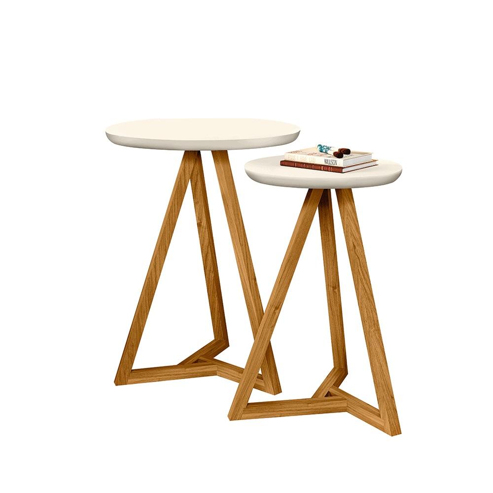 Conjunto 2 Mesas Laterais Sala Classic Pés em Madeira Maciça Off White/Amendoa