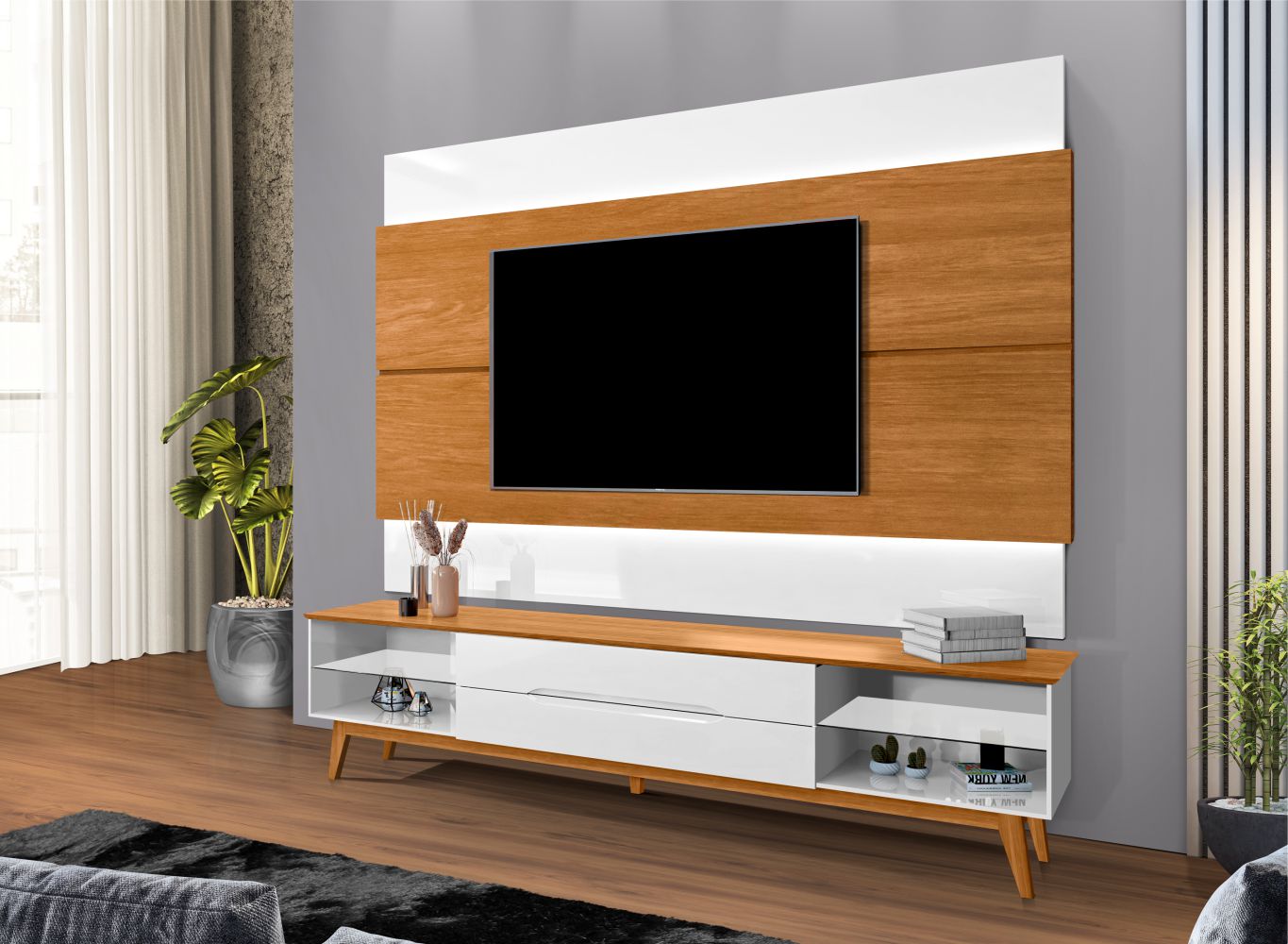 Rack para TV com 2.8 Gavetas Levante Branco Nature