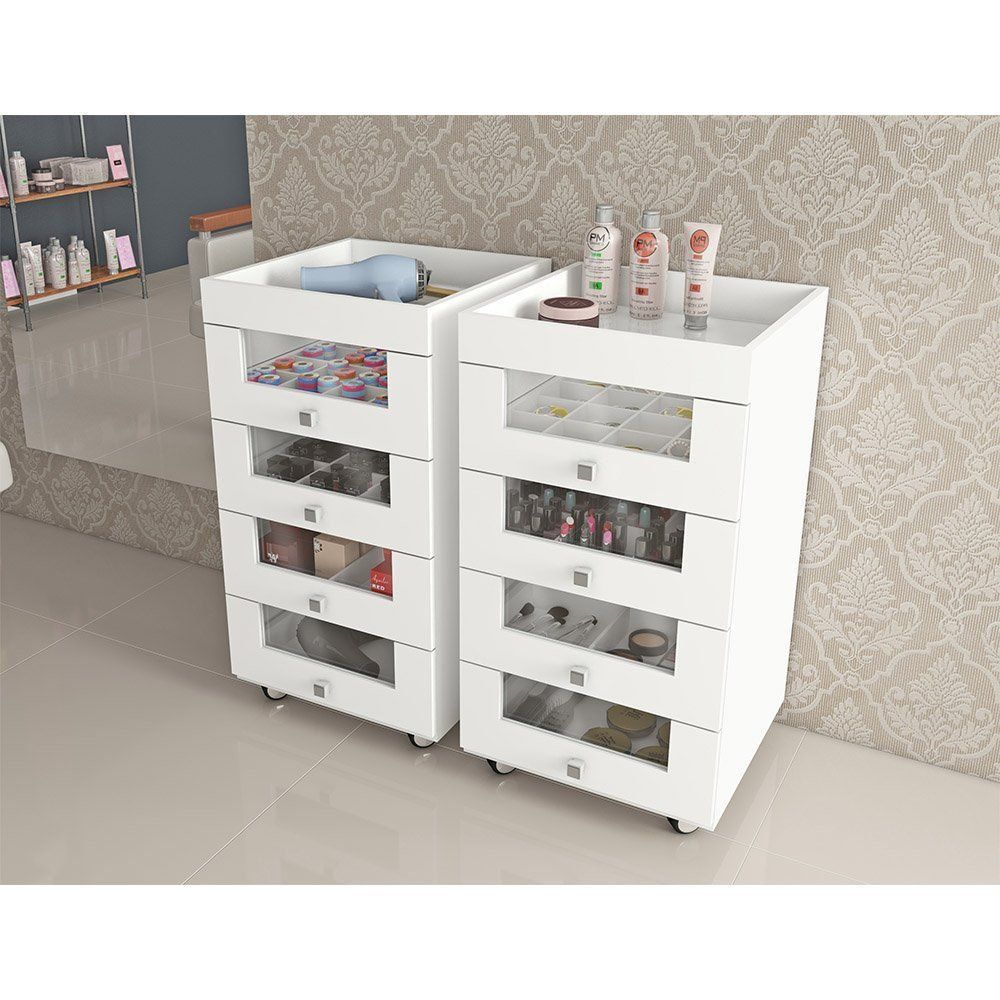 Kit 2 Carrinhos de Maquiagem PE2009 4 Gavetas Branco - Tecno Mobili