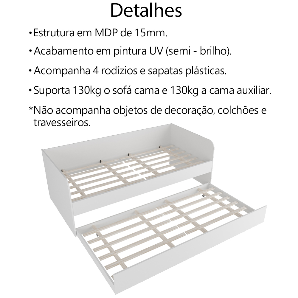 Sofa Cama Solteiro Com Auxiliar CM8032 Branco Tecno Mobili