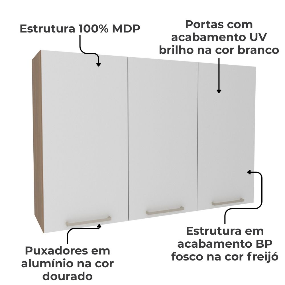 Armario Aereo 3 Portas 120 cm MDP CZ3109 Freijo Branco Tecno Mobili