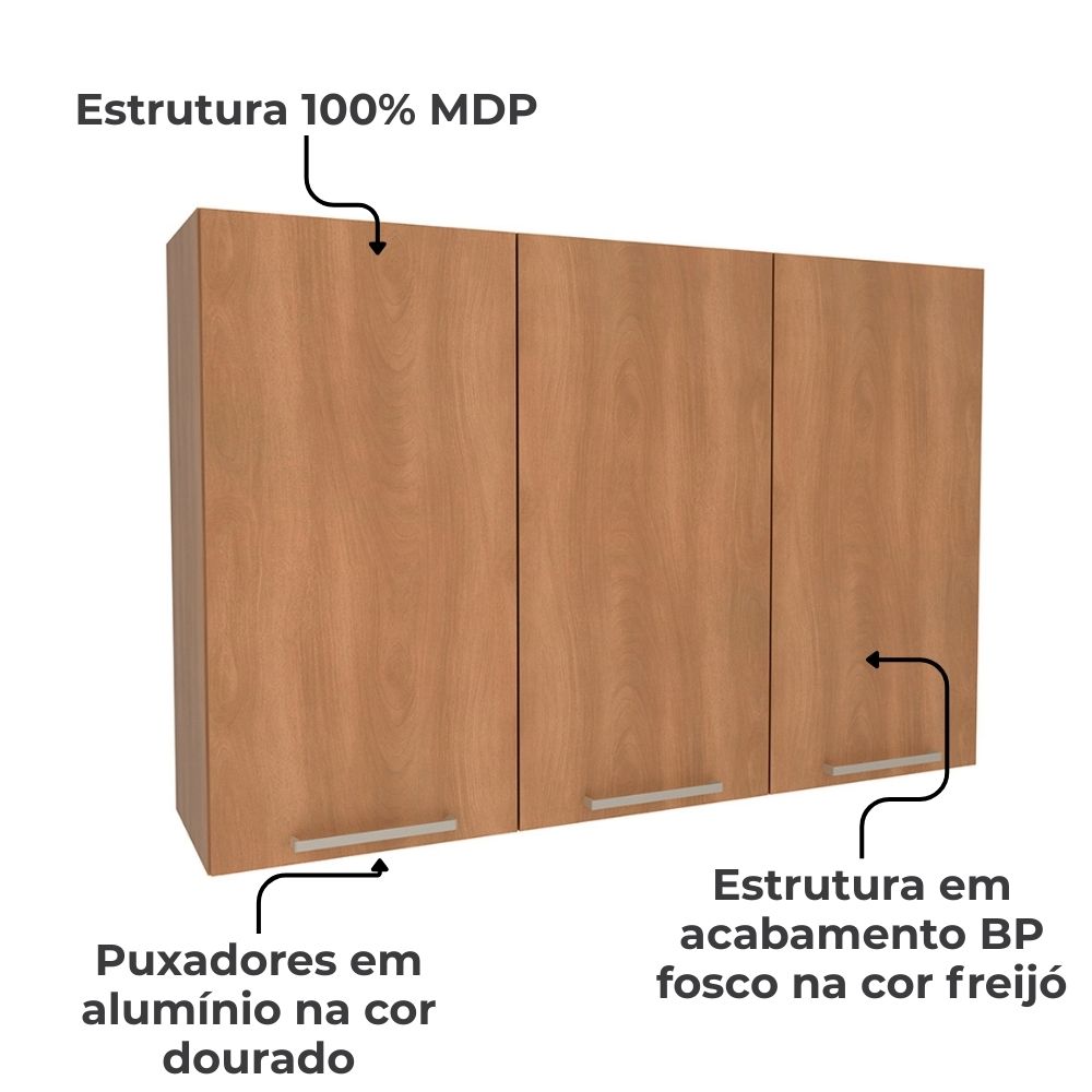 Armario Aereo 3 Portas 120 cm MDP CZ3109 Freijo Tecno Mobili