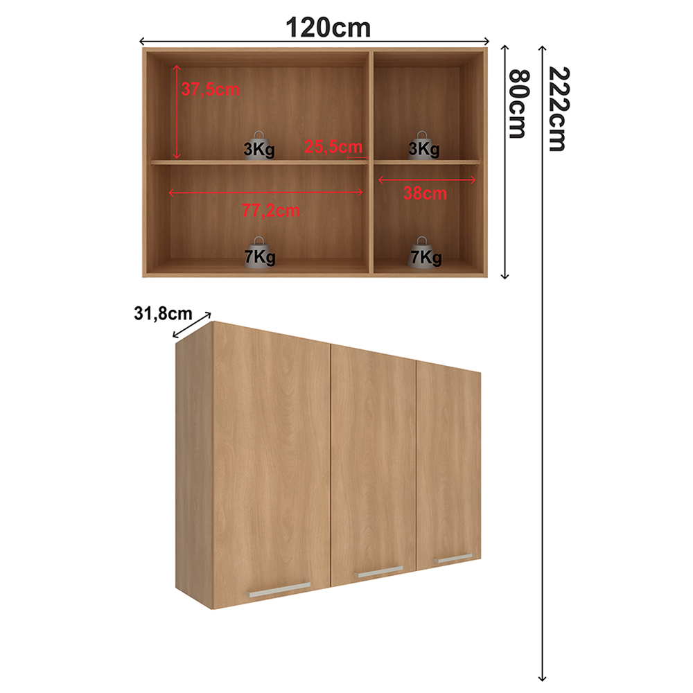 Armario Aereo 3 Portas 120 cm MDP CZ3109 Freijo Tecno Mobili