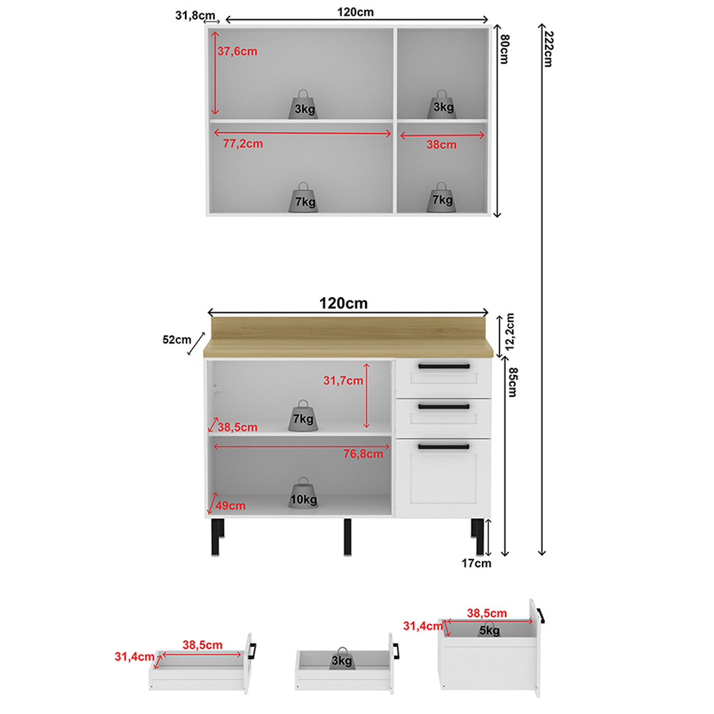 Armario Aereo Balcao Com Tampo MDF 120 cm CZ33 Branco Carvalho Tecno Mobili