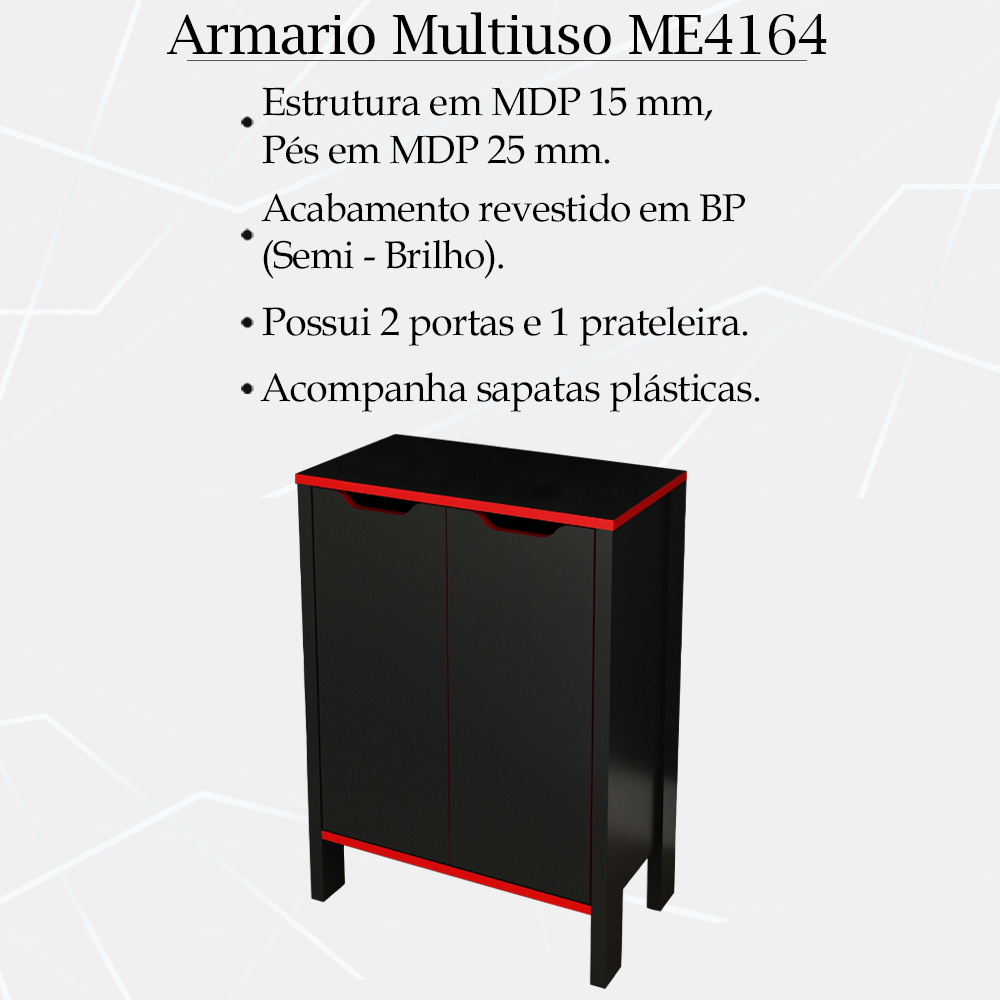 Armario Baixo Multiuso 2 Portas ME4164 Preto Vermelho Tecno Mobili