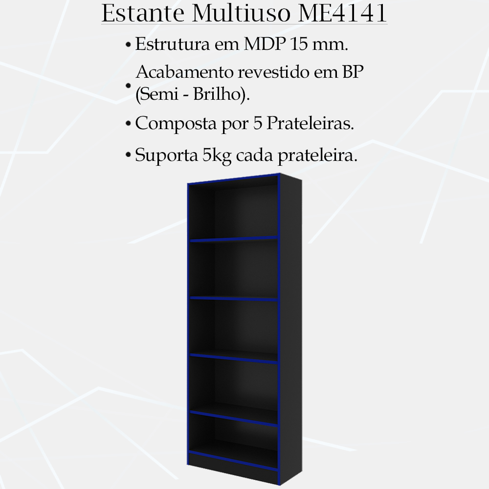 Armario Estante Multiuso 5 Prateleira ME4141 Preto Azul Tecno Mobili