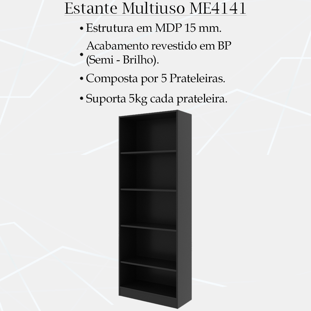 Armario Estante Multiuso 5 Prateleira ME4141 Preto Tecno Mobili