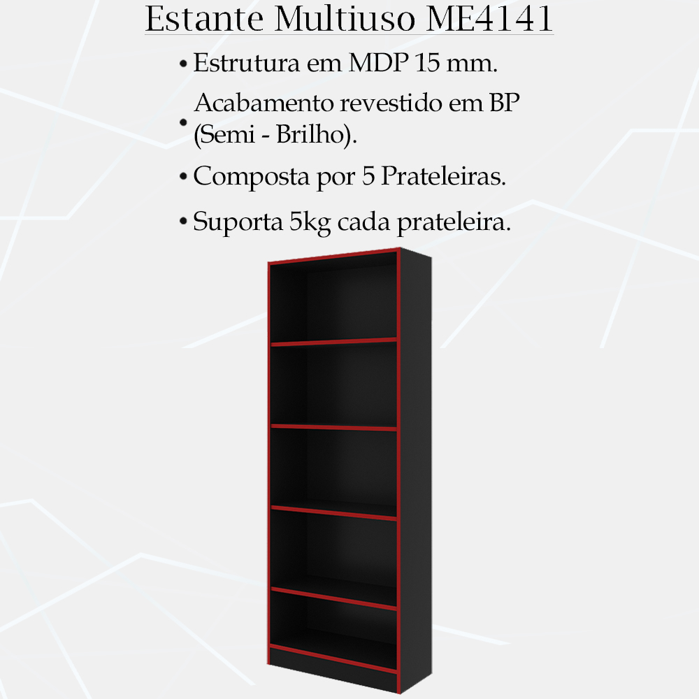 Armario Estante Multiuso 5 Prateleira ME4141 Preto Vermelho Tecno Mobili