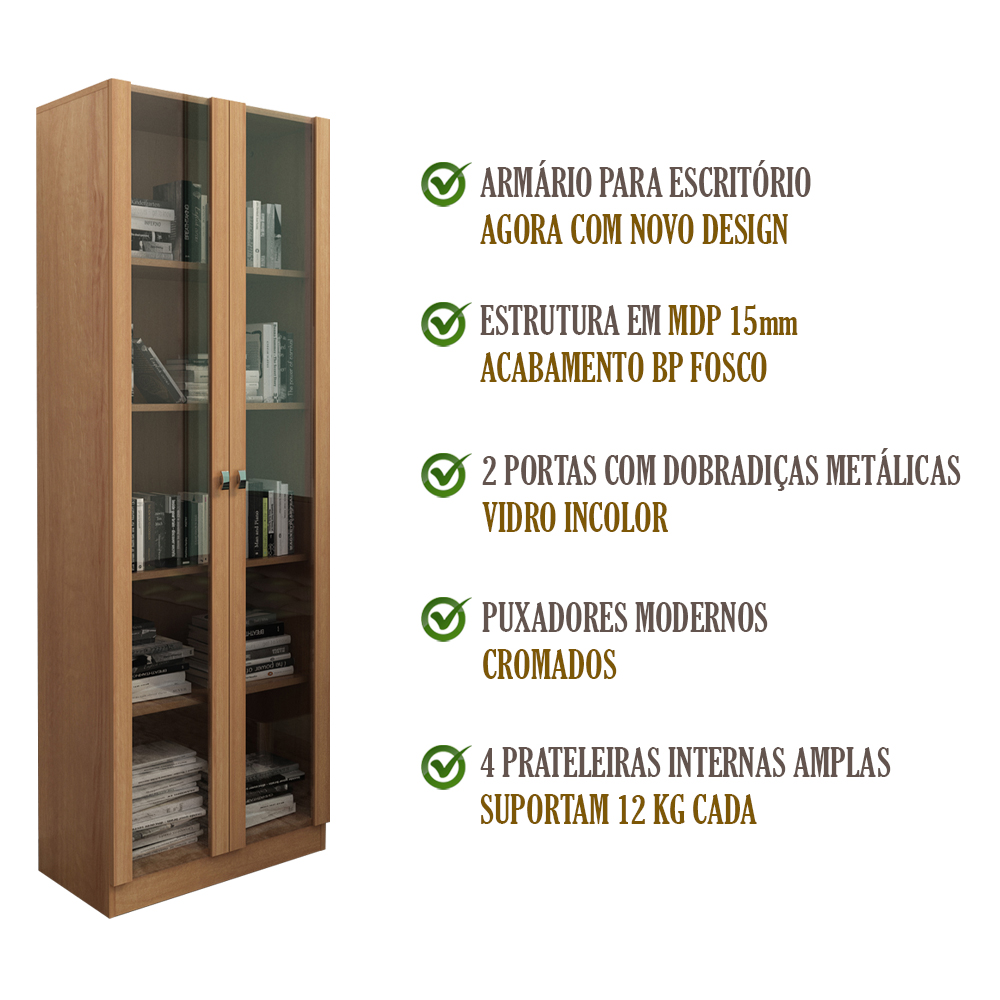 Armario Para Escritorio 2 Portas De Vidro ME4115 Amendoa Tecno Mobili