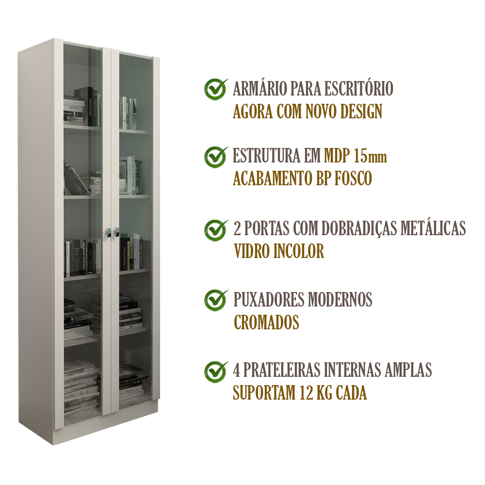 Armario Para Escritorio 2 Portas De Vidro ME4115 Branco Tecno Mobili