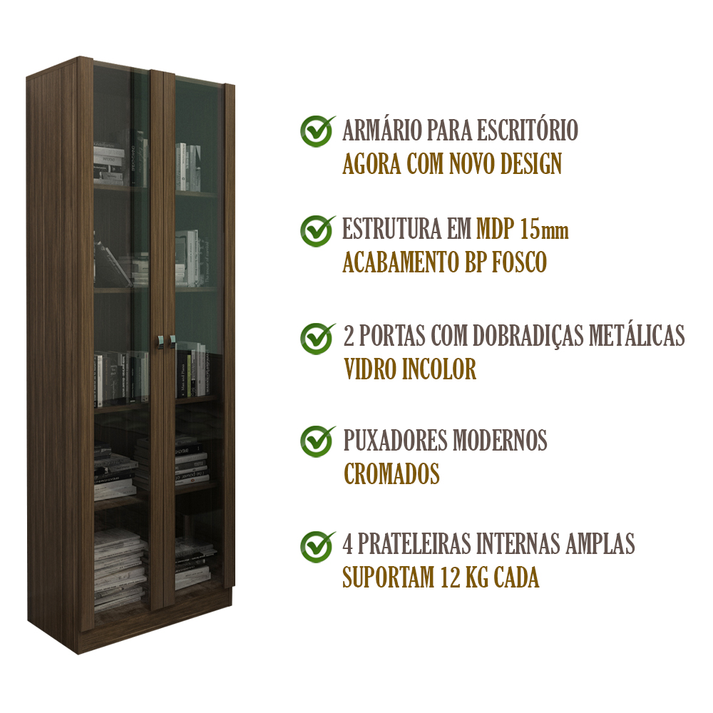 Armario Para Escritorio 2 Portas De Vidro ME4115 Nogal Tecno Mobili