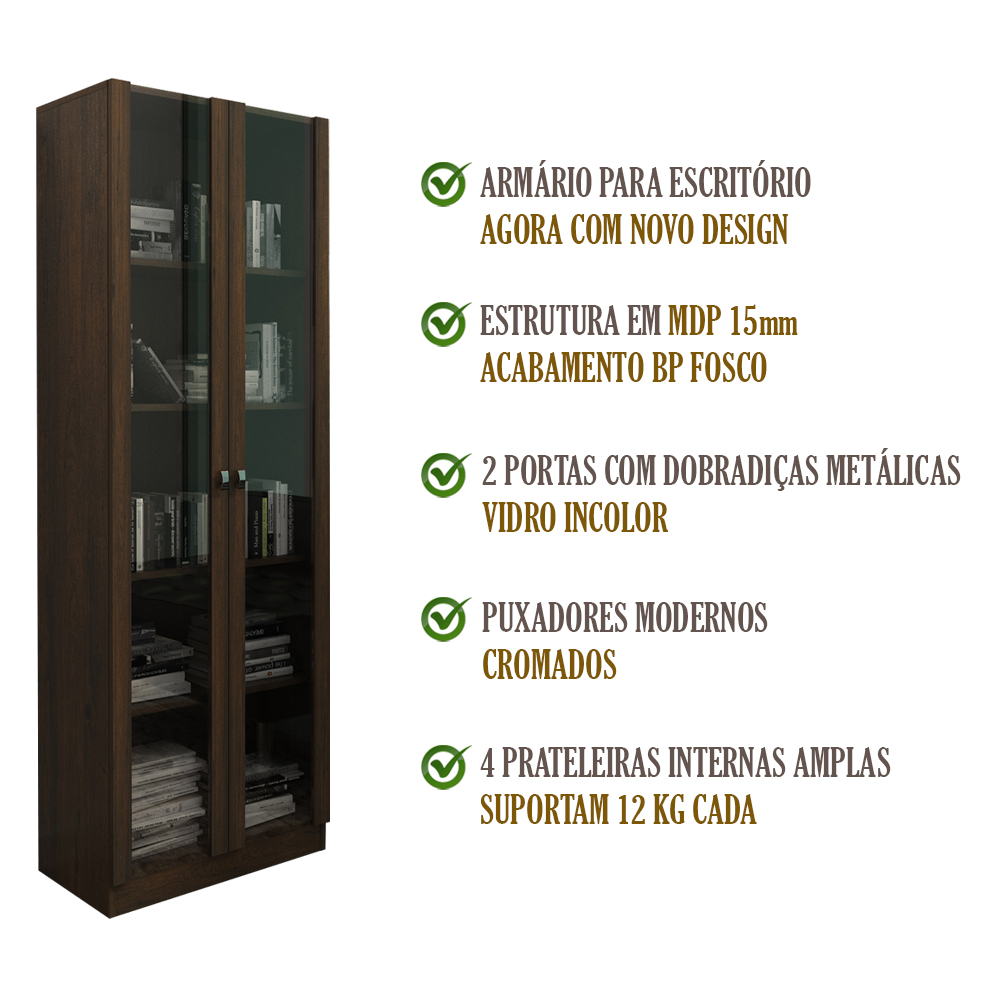 Armario Para Escritorio 2 Portas De Vidro ME4115 Rustico Tecno Mobili