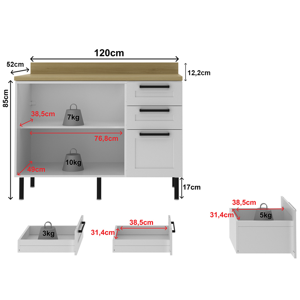 Balcão Com Tampo 120 cm MDF 2P 3G Branco Carvalho Tecno Mobili