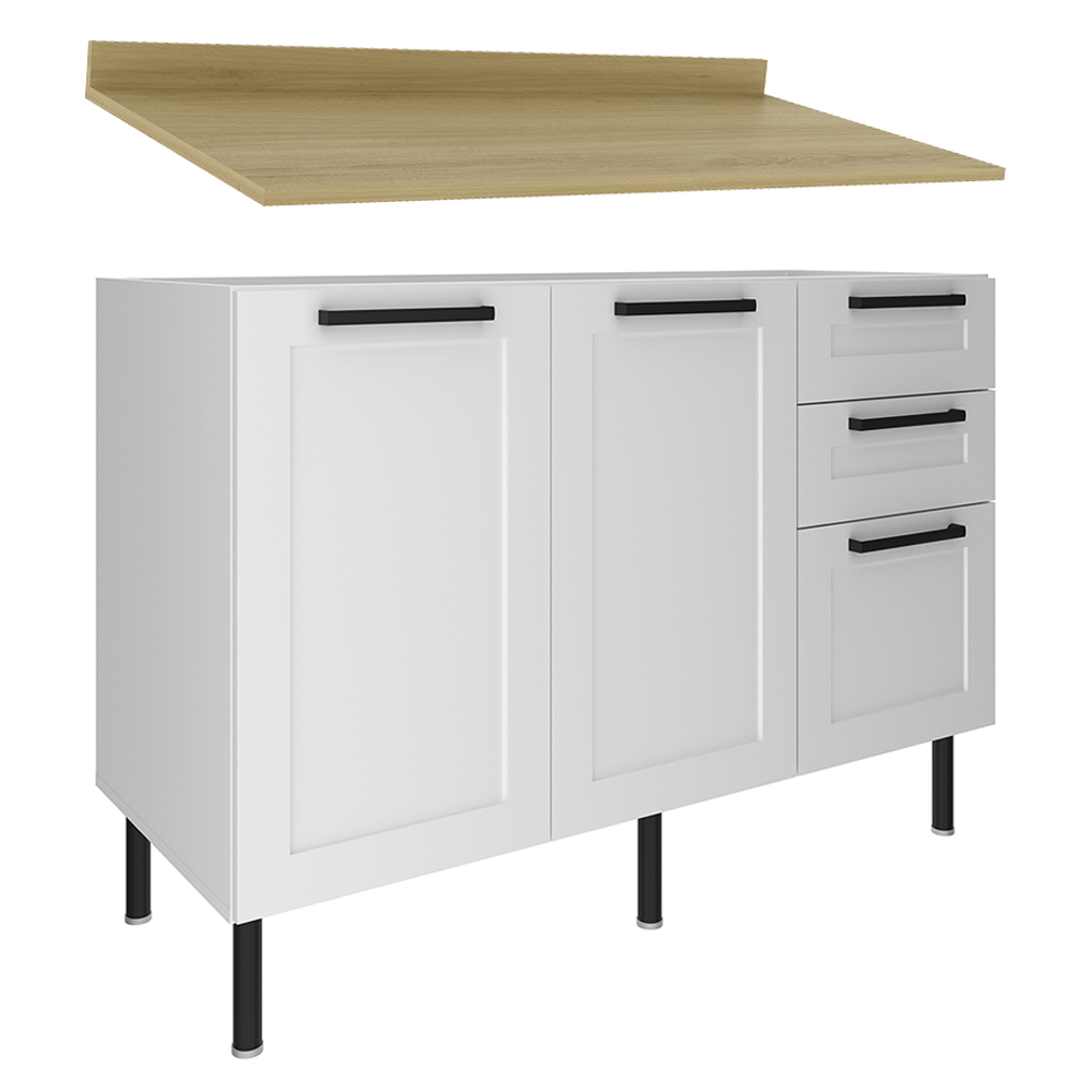 Balcão Com Tampo 120 cm MDF 2P 3G Branco Carvalho Tecno Mobili