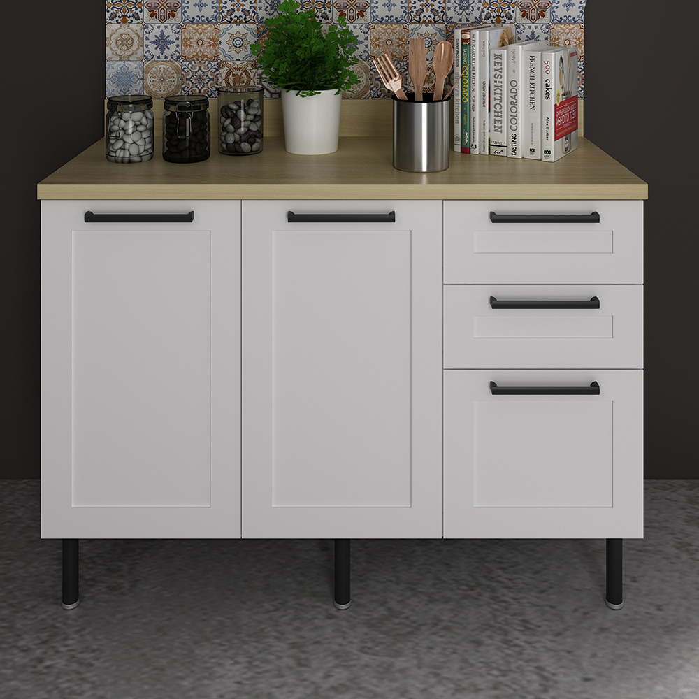 Balcão Com Tampo 120 cm MDF 2P 3G Branco Carvalho Tecno Mobili