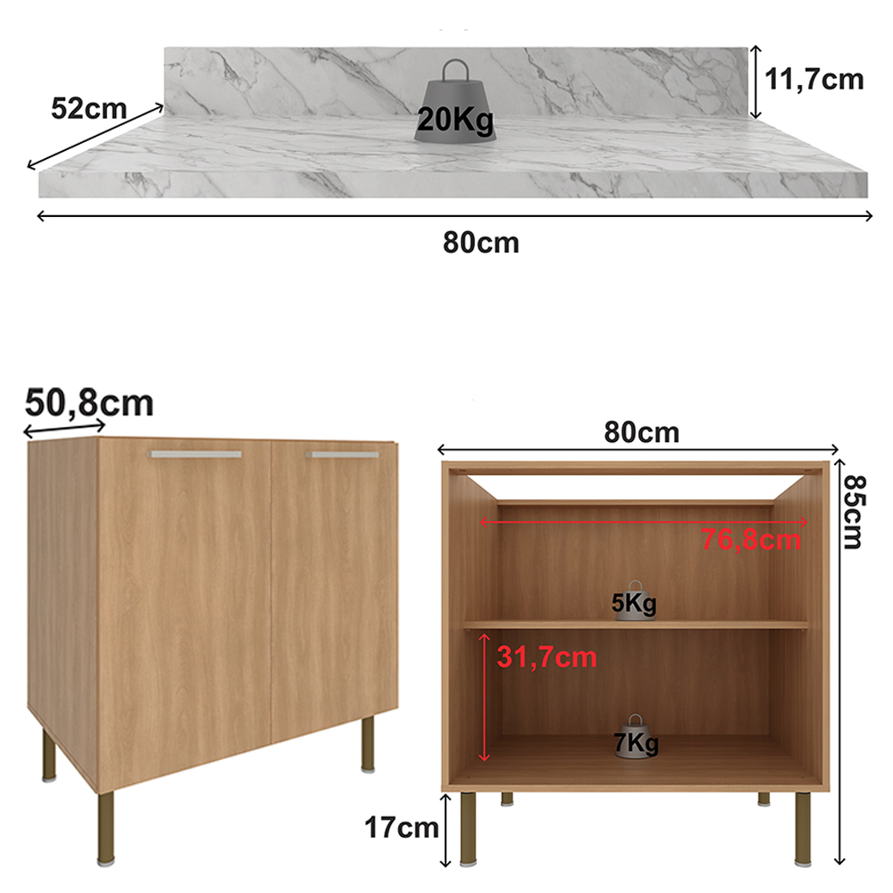 Balcão Com Tampo 80 cm 2P MDP Marmore Branco Freijo Tecno Mobili