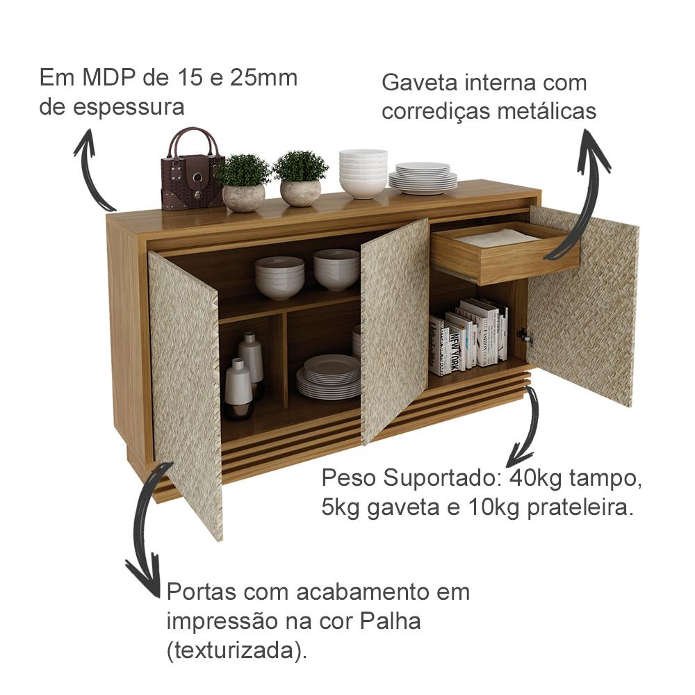 Balcao Buffet 03 Portas 160cm BB2611 Natural Palha Tecno Mobili