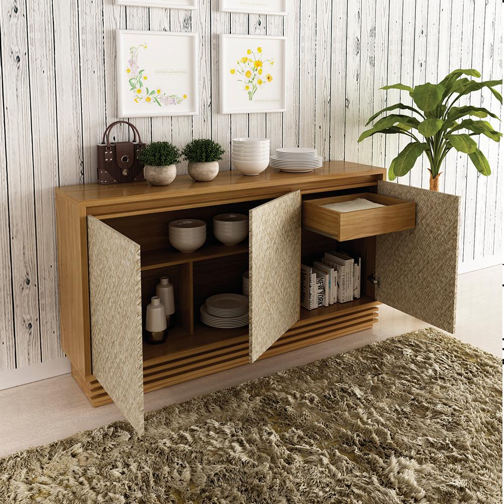 Balcao Buffet 03 Portas 160cm BB2611 Natural Palha Tecno Mobili