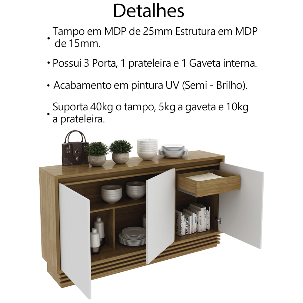 Balcao Buffet 3 Portas 160 cm BB2610 Natural Off White Tecno Mobili