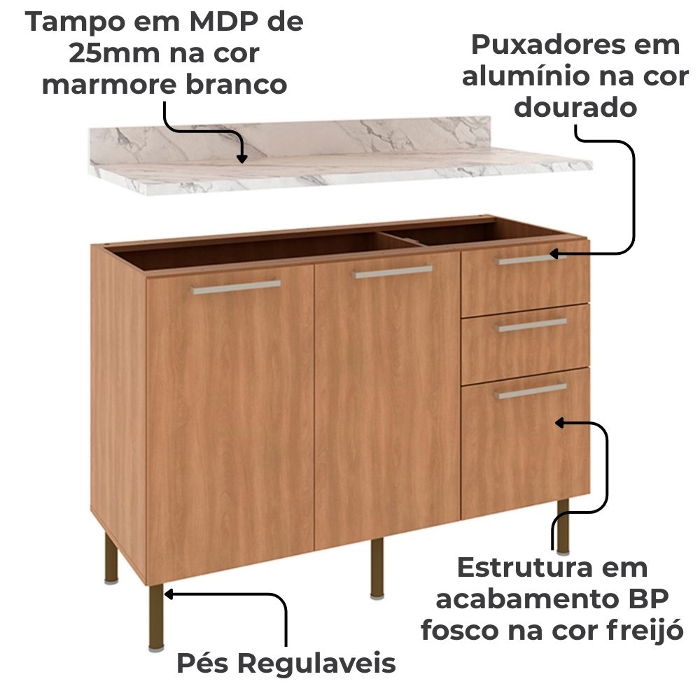 Balcao Com Tampo 120 cm MDP 2P 3G Marmore Branco Freijo Tecno Mobili