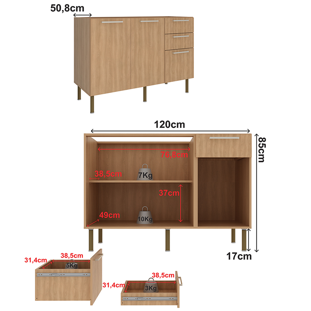 Balcao Com Tampo 120 cm MDP 2P 3G Marmore Branco Freijo Tecno Mobili