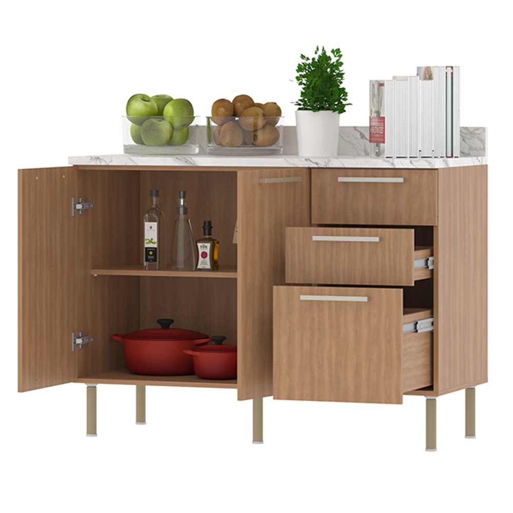 Balcao Com Tampo 120 cm MDP 2P 3G Marmore Branco Freijo Tecno Mobili