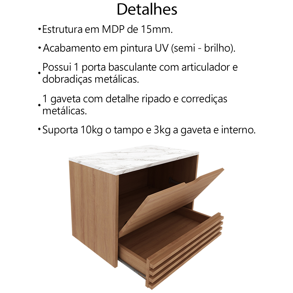 Balcao Gabinete 1 Gaveta Ripada BN3613 Amendoa Marmore Branco Tecno Mobili