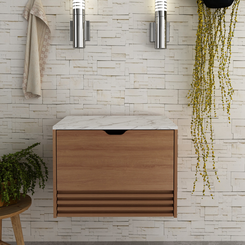 Balcao Gabinete 1 Gaveta Ripada BN3613 Amendoa Marmore Branco Tecno Mobili