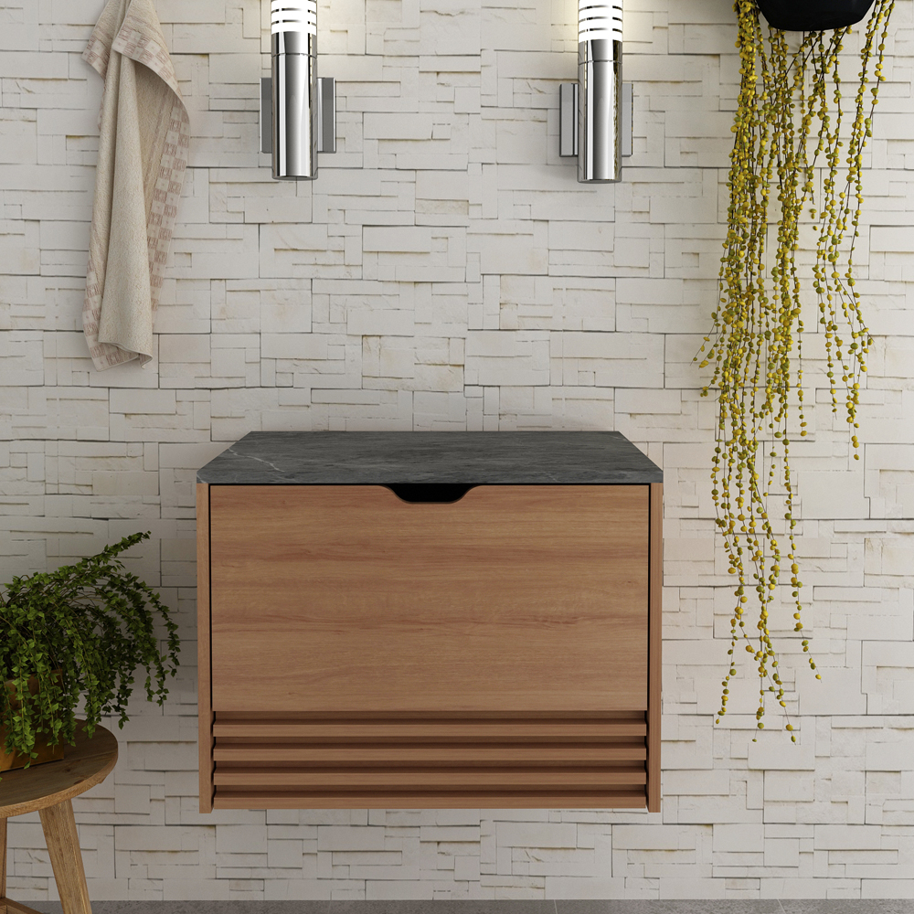Balcao Gabinete 1 Gaveta Ripada BN3613 Amendoa Marmore Lunar Tecno Mobili
