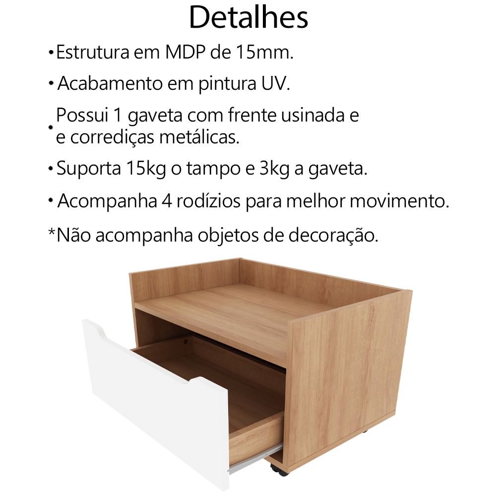 Balcao Gabinete 60 cm 1 Gaveta e 4 Rodizios BN3647 Amendoa Branco Tecno Mobili