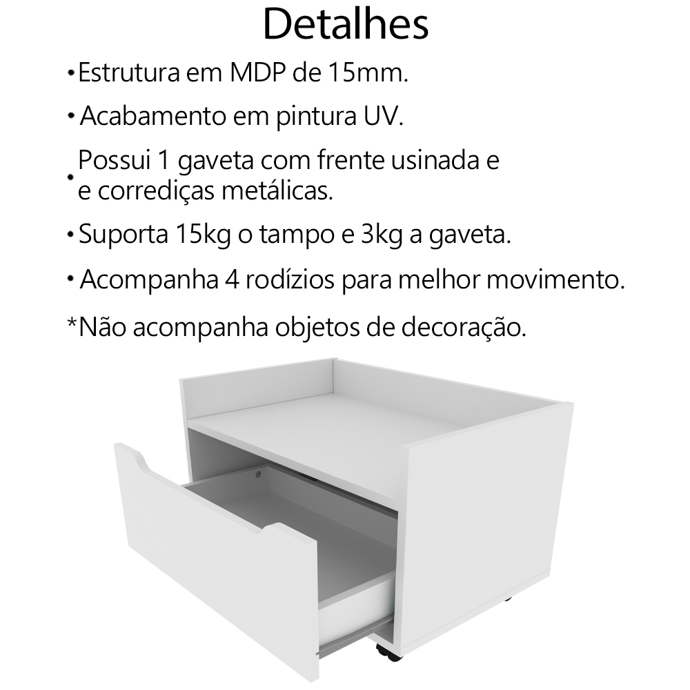 Balcao Gabinete 60 cm 1 Gaveta e 4 Rodizios BN3647 Branco Tecno Mobili