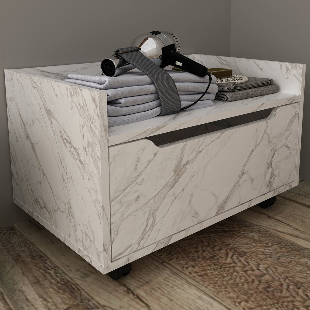 Balcao Gabinete 60 cm 1 Gaveta e 4 Rodizios BN3647 Marmore Branco Tecno Mobili
