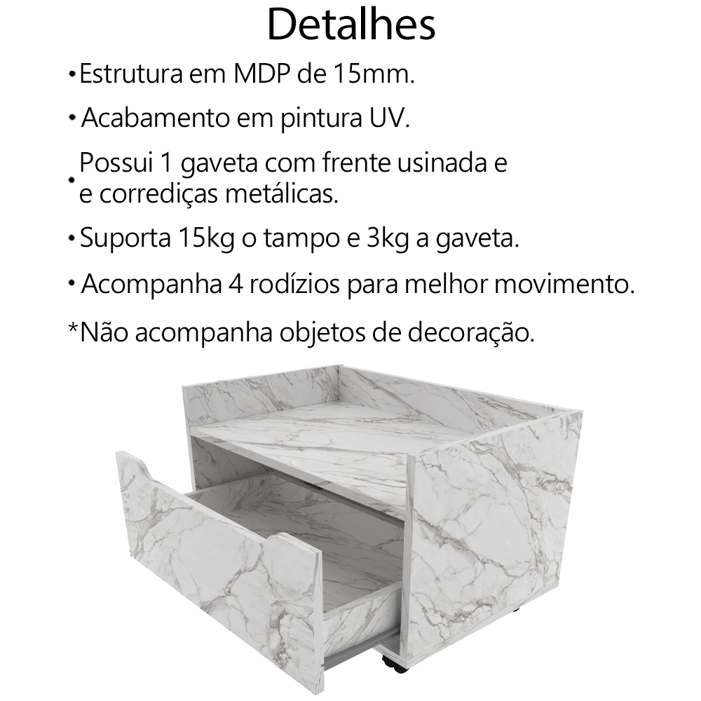 Balcao Gabinete 60 cm 1 Gaveta e 4 Rodizios BN3647 Marmore Branco Tecno Mobili