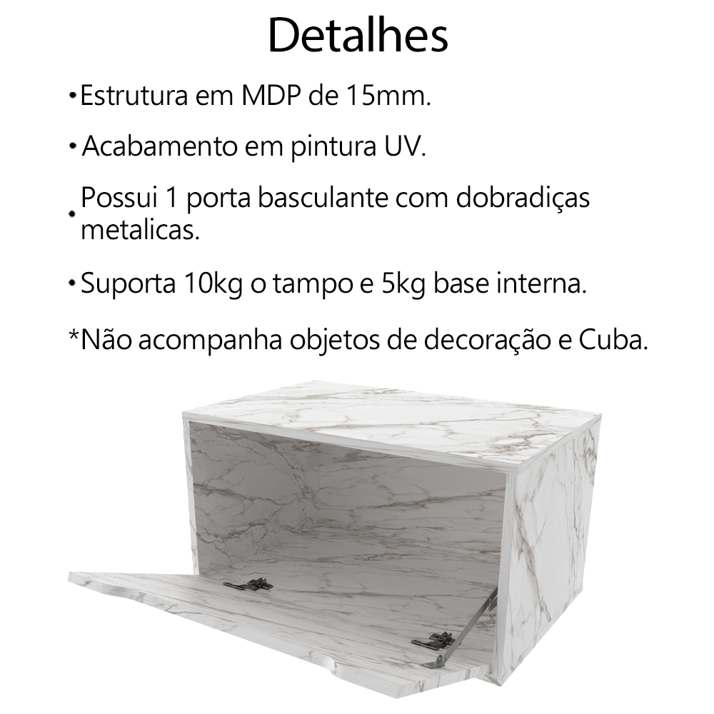 Balcao Gabinete 60 cm 1 Porta Basculante BN3646 Marmore Branco Tecno Mobili