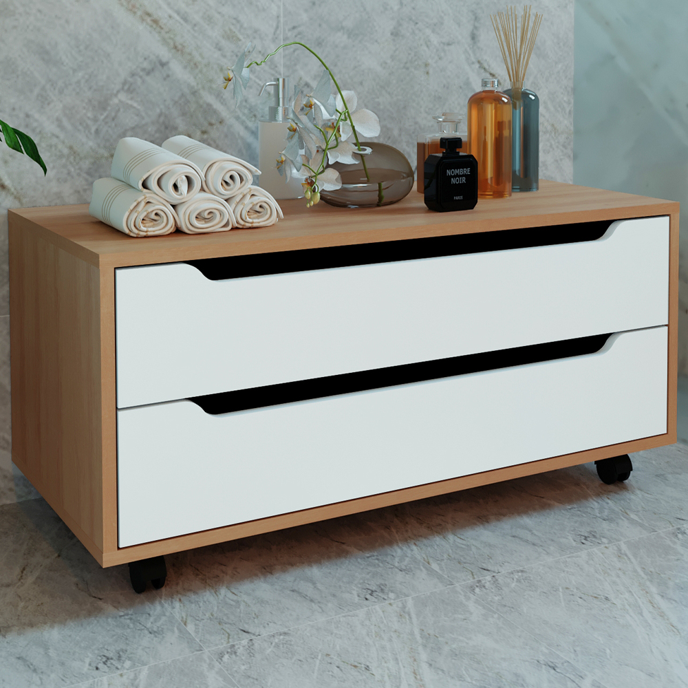 Balcao Gabinete Com 2 Gavetas e 4 Rodizios BN3643 Amendoa Branco Tecno Mobili