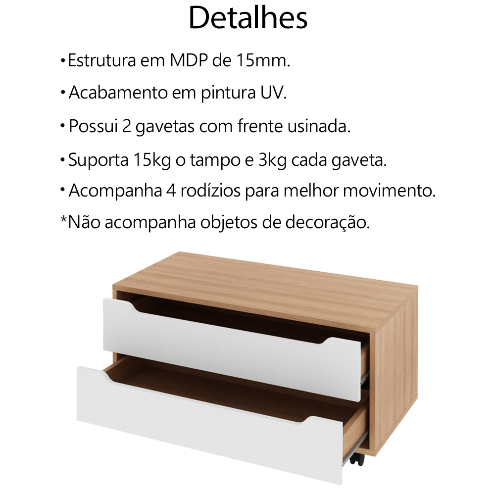 Balcao Gabinete Com 2 Gavetas e 4 Rodizios BN3643 Amendoa Branco Tecno Mobili