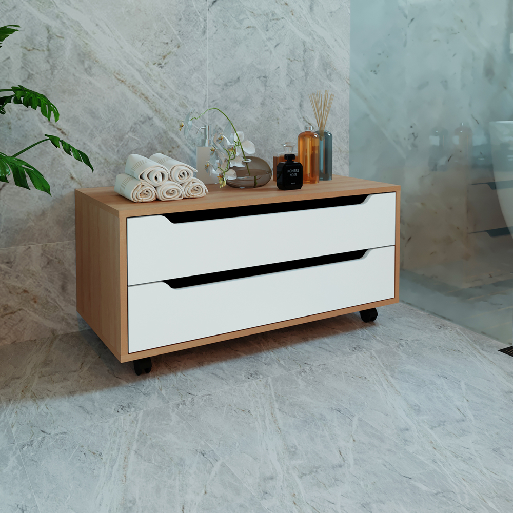 Balcao Gabinete Com 2 Gavetas e 4 Rodizios BN3643 Amendoa Branco Tecno Mobili