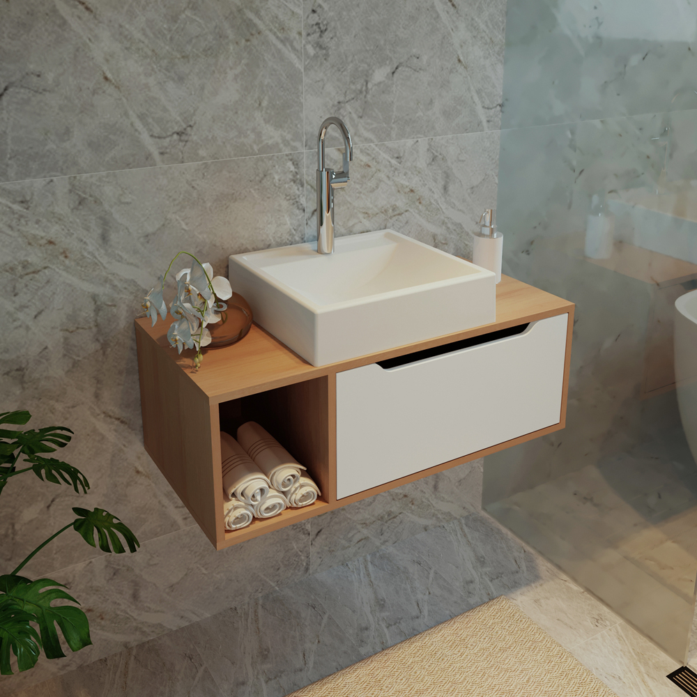 Balcao Gabinete Para Banheiro 1 Porta BN3644 Amendoa Branco Tecno Mobili