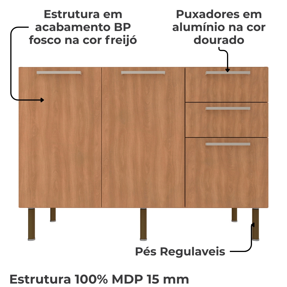 Balcao Para Pia Sem Tampo 120 cm MDP 2P 3G CZ3100 Freijo Tecno Mobili